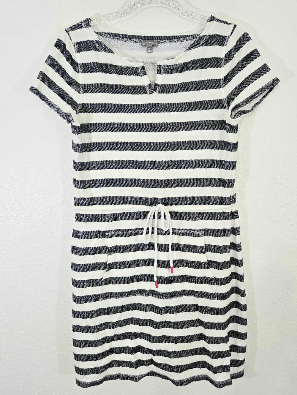 Talbots Black and White Striped Short Sleeve Drawstring Dress